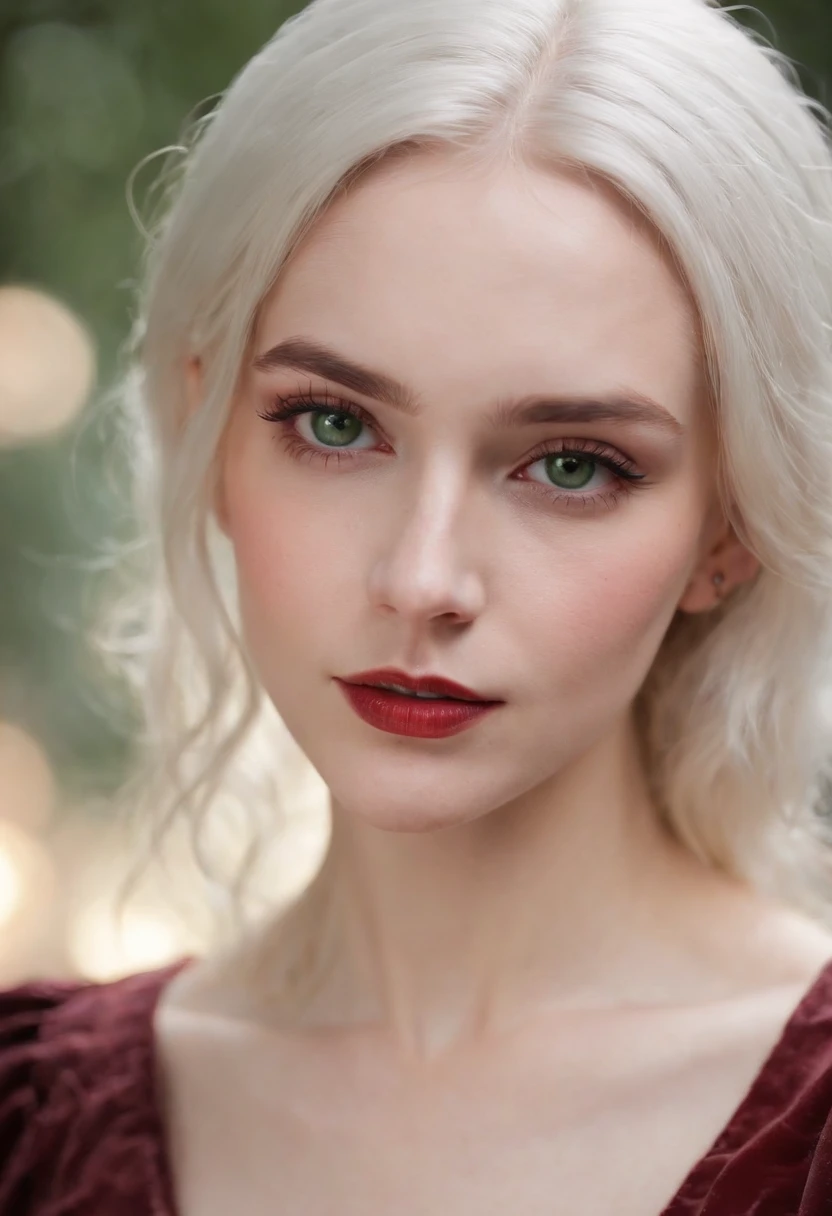 (((A deep reddish wound crosses her left cheek))) Fair complexion, Female about 19 years old, natural white hair, Distinctive green eyes, Wearing Kohl, slender and graceful, Beautiful, Candles in a medieval setting, ultra sharp focus, realistic shot, Medieval women's clothing, Notebook colors (scar:1.4)