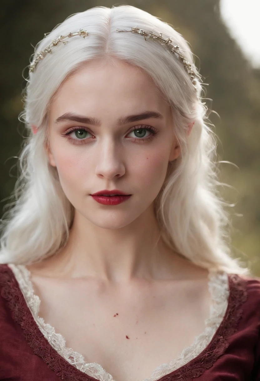 (((A deep reddish wound crosses her left cheek))) Fair complexion, Female about 19 years old, natural white hair, Distinctive green eyes, Wearing Kohl, slender and graceful, Beautiful, Candles in a medieval setting, ultra sharp focus, realistic shot, Medieval women's clothing, Notebook colors (scar:1.4)