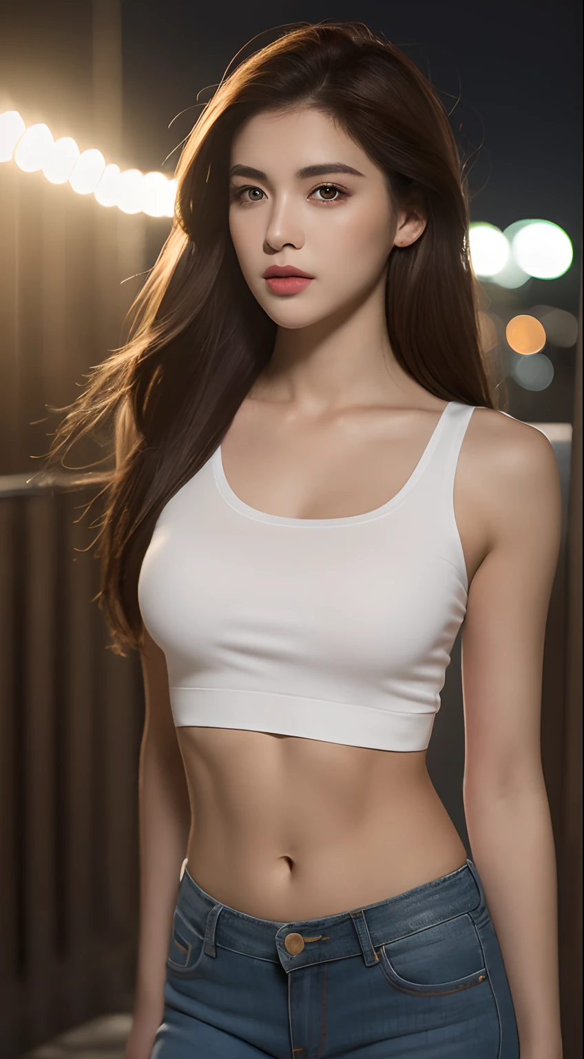 ((Realistic lighting, Best quality, 8K, Masterpiece: 1.3)), Clear focus: 1.2, 1girl, Perfect beauty: 1.4, Slim abs: 1.1, ((Dark brown hair)), (White crop top: 1.4), (Outdoor, Night: 1.1), Park view, Super fine face, Fine eyes, Double eyelids,