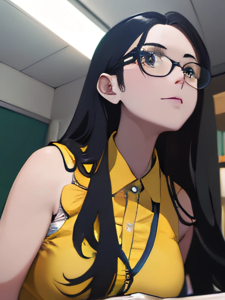 there is a woman with long hair and glasses, wearing yellow sleeveless, shot on webcam, webcam screenshot, wearing a yellow dress, emerald eyes