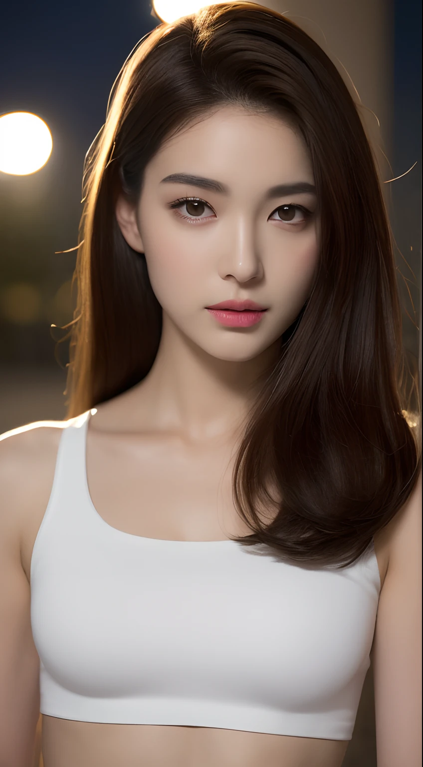 ((Realistic lighting, Best quality, 8K, Masterpiece: 1.3)), Clear focus: 1.2, 1girl, Perfect beauty: 1.4, Slim abs: 1.1, ((Dark brown hair)), (White crop top: 1.4), (Outdoor, Night: 1.1), Park view, Super fine face, Fine eyes, Double eyelids,