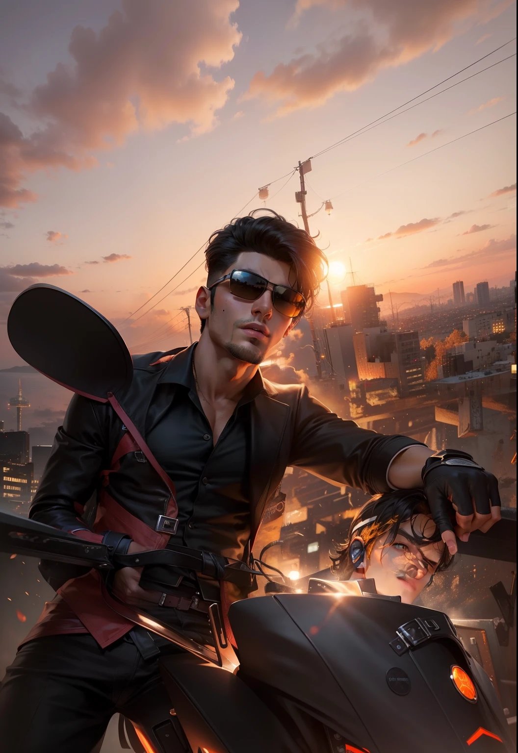 Change the background with sunsets light and with a black jacket handsome face ultea hd realistic 18 years handsome guy.