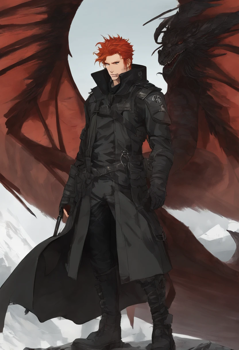 Red-haired black dragon, Golden eyes, wind coat, Sunny and cheerful smile, Tachi，male people，Optimal image quality