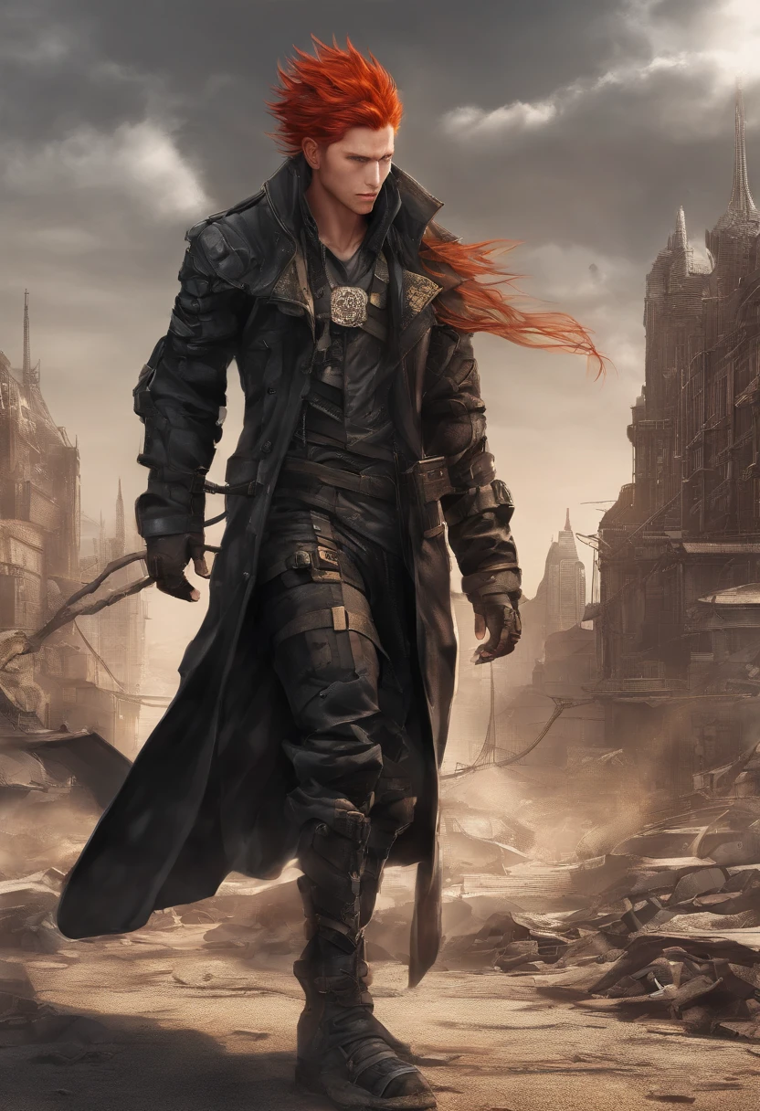 Red-haired black dragon, Golden eyes, wind coat, Sunny and cheerful smile, Tachi，male people，Optimal image quality