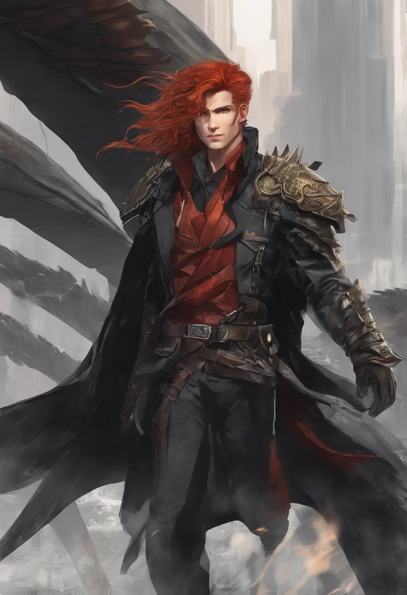 Red-haired black dragon, Golden eyes, wind coat, Sunny and cheerful smile, Tachi，male people，Optimal image quality