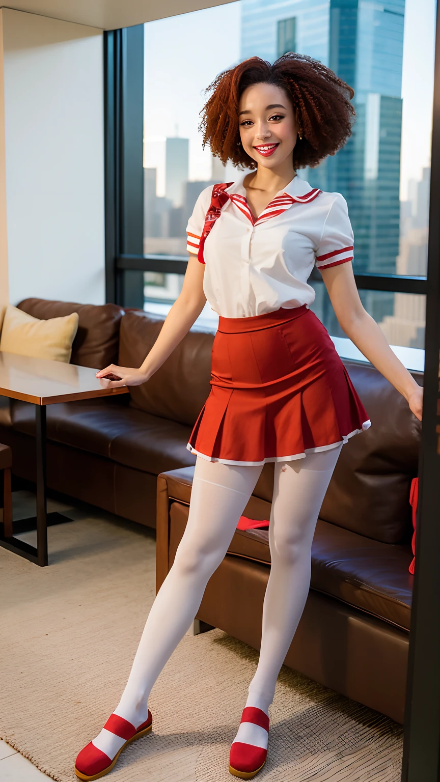 Show entire body, feet in view, 16y.o., gorgeous pale skin Latina female, short curly clown Afro, red hair, perfect body, 8k resolution, American school uniform, brown sheer pantyhose, house slippers, aerial view, standing, smiling, outside, luxurious apartment, nyc, afternoon,