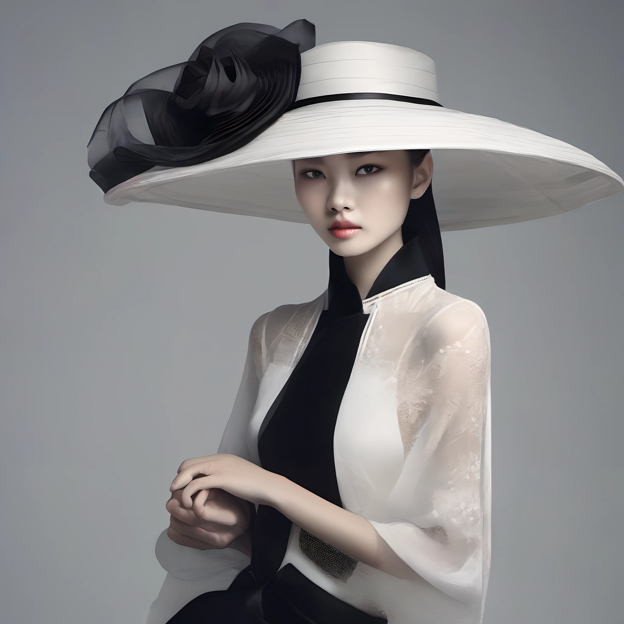 Advertising photography, A Chinese girl with delicate facial features, Upper body, Pure white skin, Large round hat with shade decorated with silk, black dress, Multi-angle shot with black shoes on the runway,Fashion trends, Premium black color scheme, by Clemens Asher, Advanced texture, High-profile lighting, Global illumination, Studio lighting