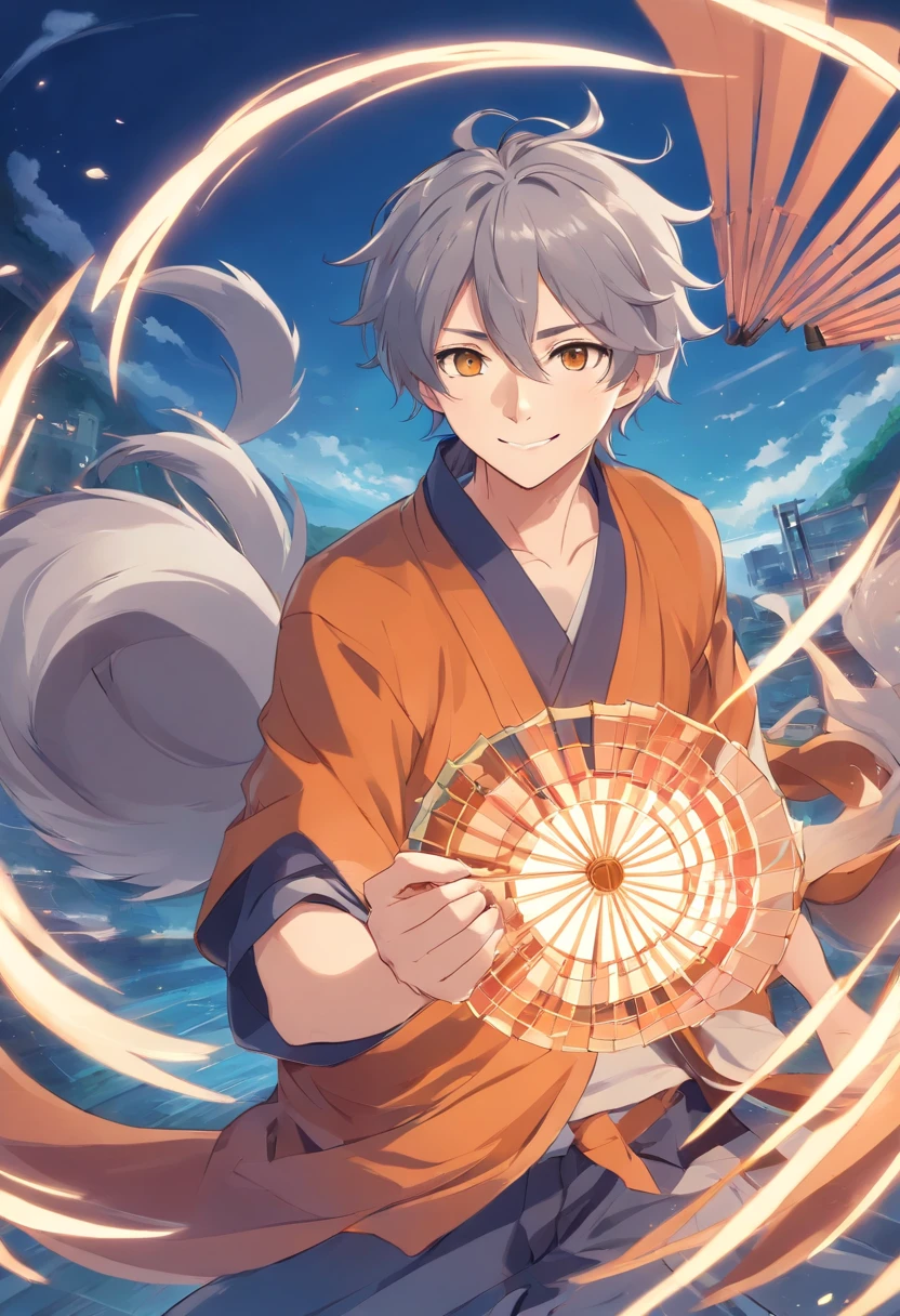 male people,Gray hair and white eyes,nine tail fox,folding fan,ssmile,Ancient wind