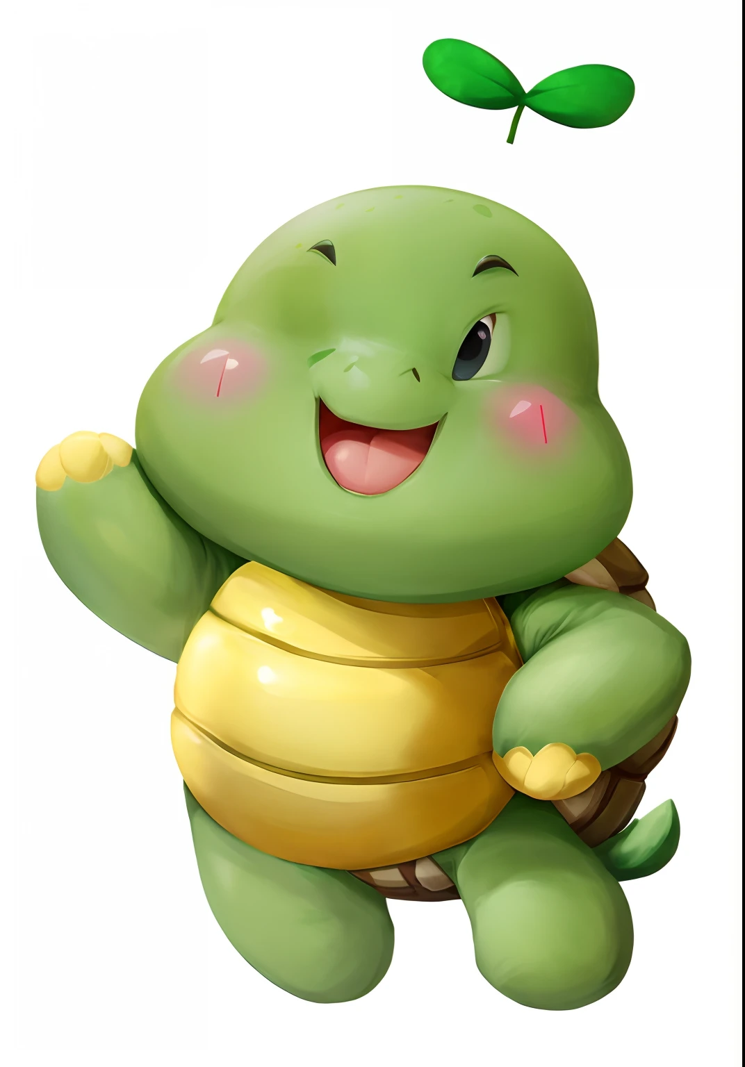 high qulity,tmasterpiece,1 Cartoon,Green skin,Brown turtle shell,standing on your feet,Left hand crossed waist,Right hand raised,There is a blush on the face,ssmile,Ray traching,Perfect light and shadow,8K,white backgrounid,rendering by octane,
