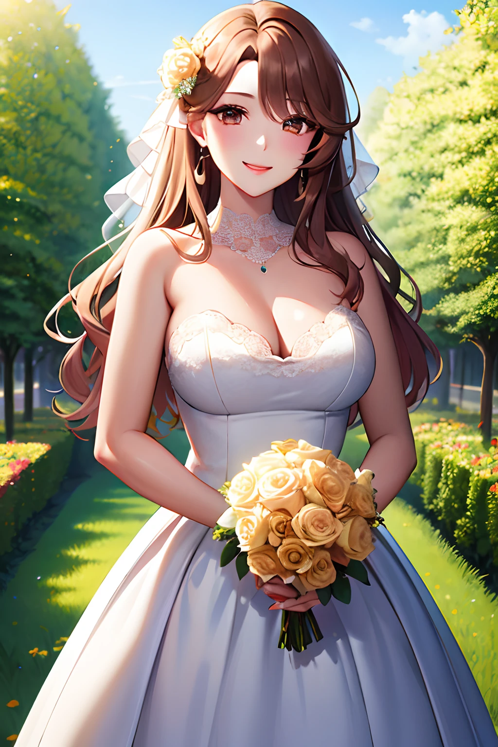 masterpiece, best quality, highres, wedding dress, holding bouquet, garden, smile, aamiyako, long hair, jewelry, earrings