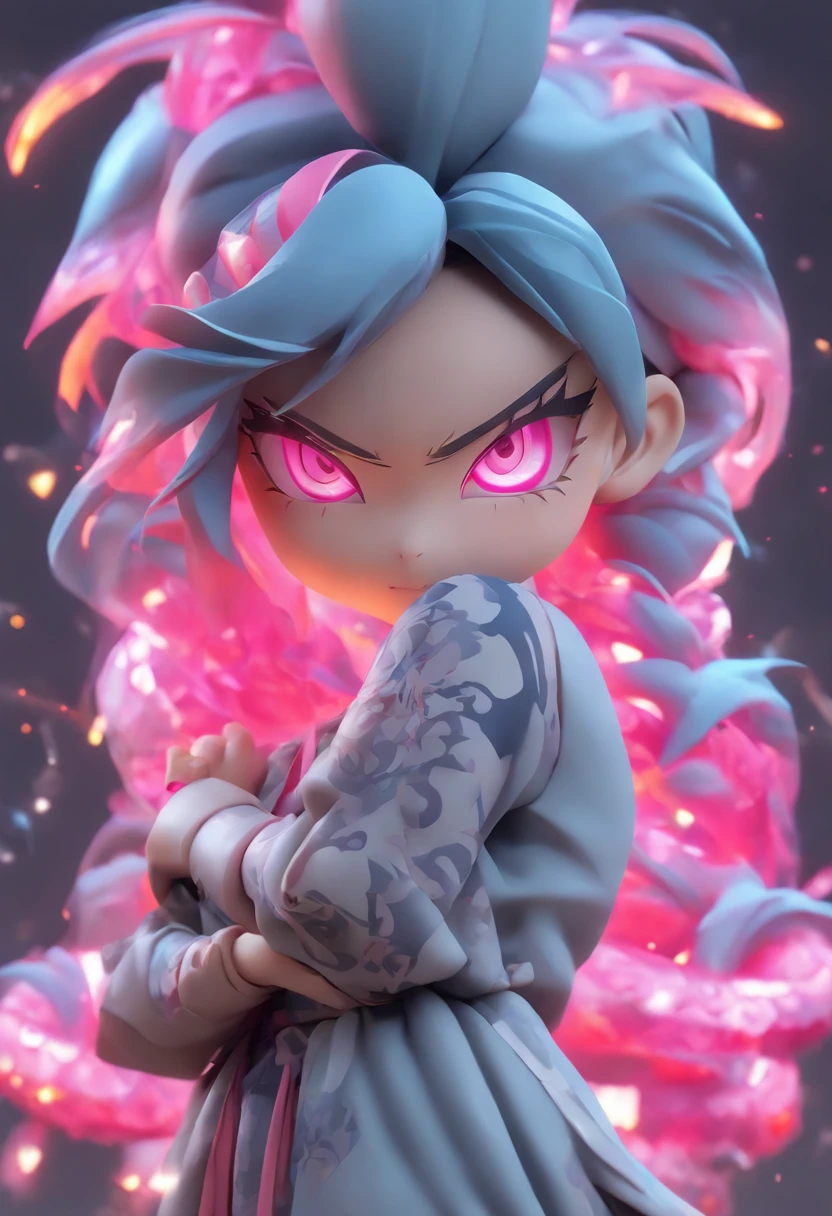 3D blind box，Cute girls，Stand with your hands crossed，pouting，drak，Dragon clothes，火焰，Round Visualizer，simple grey background