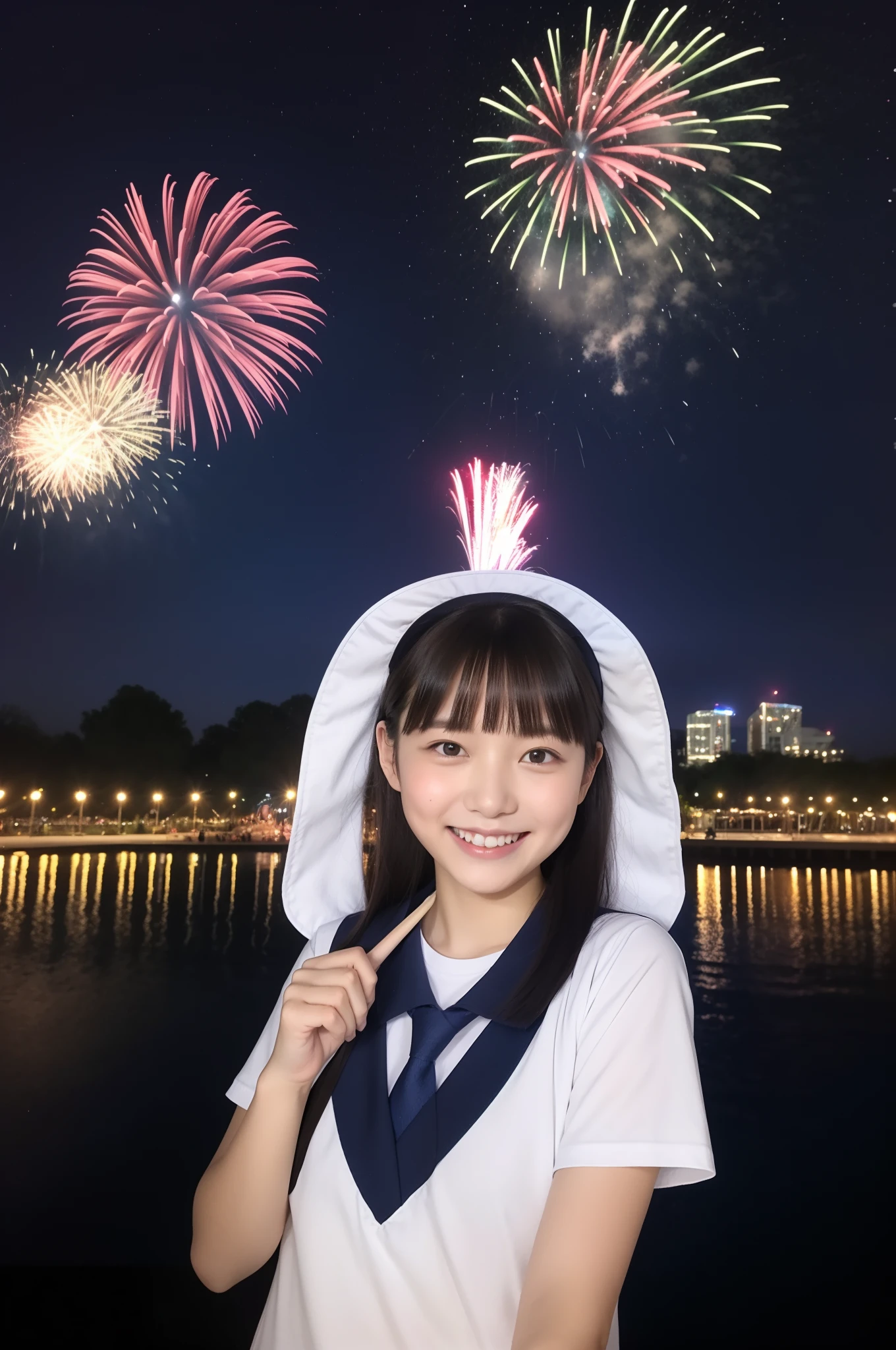 A smile、hi-school girl、校服、shortsleeves、An amusement park、While doing fireworks、starrysky、Aurora