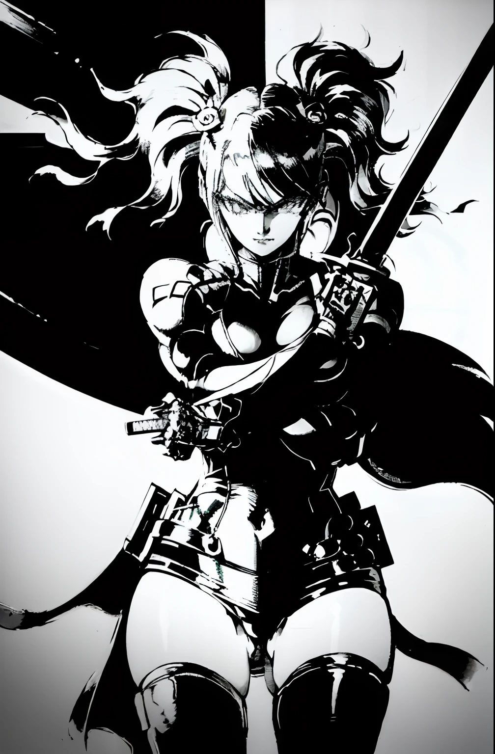 shinkawa youji, cyborg ninja, 1boy, cyborg, greyscale, girl focus, monochrome, ninja, solo, sword, weapon, ((masterpiece)), sexy, Lovely big Breasts