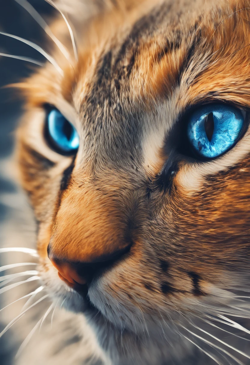A closeup of a cat with a blue eye and golden hair, arte digital altamente detalhada, Arte digital altamente detalhada em 4k, arte digital altamente detalhada, arte digital ultra-detalhada, arte digital altamente detalhada, 8k arte detalhada de alta qualidade, arte digital de detalhes surpreendentes, arte digital ultra detalhada, arte digital altamente detalhada, Grande arte digital com detalhes, Arte altamente detalhada em 4K