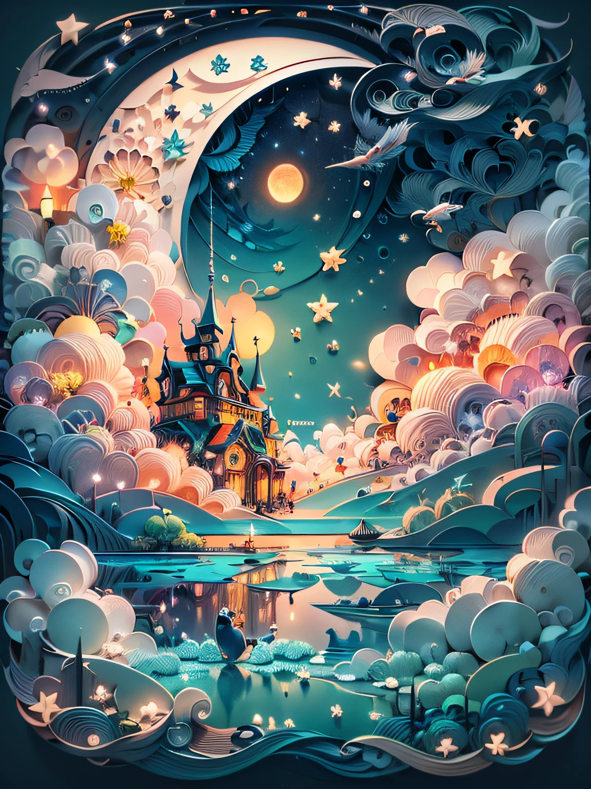 (((masterpiece))),best quality, illustration, sky, cloud, star \(symbol\),1man, handsome man, night, bird, moon, star \(sky\), night sky, scenery, starry sky, flying castle, fantasy. vibrant color scheme, Soft light,(warm color:1.2),Water color painting, light background, best quality exquisite details,3d rendering,Octane render, pastel, paper_cut
