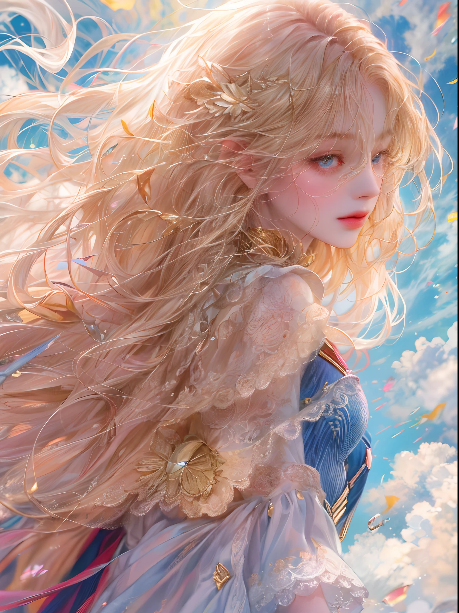 (best quality,absurdres,highres,ultra detailed:1.2),1girl,solo,very long blonde hair,supergirl:1.10,cloud,flying:1.4,illustration,vivid colors,soft lighting