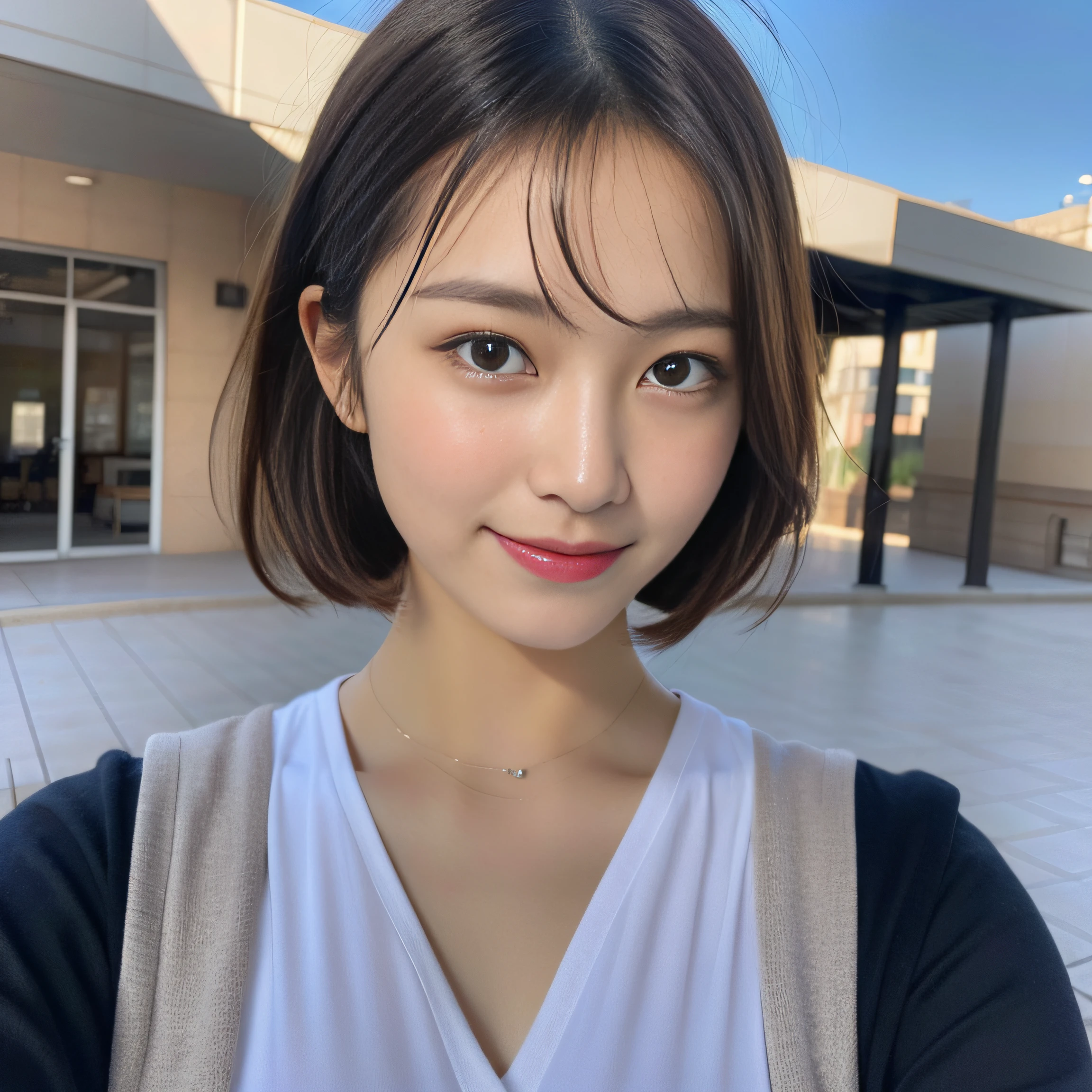 (8K、Raw photography、top-quality、masuter piece:1.2)、ultra-detailliert、ultra res、(realisitic、rialistic photo:1.37)、portlate、high-definition RAW color photography、Professional Photography、highly detailed and beautiful、ighly detailed、8K Picture Wallpaper、amazing detailed、huge filesize、Official art、Highly detailed CG Unity 8K wallpapers、highly detailed beautiful girl、extra detailed face、extremely detailed eye、highlydetailed skin、extremely detailed fingers、highly detailed nose、very detailed detailed mouth、Perfect Anatomy、细致背景、Detailed clothing、女の子1人、(20:1.2)、in her 20s、Cute little girl s、Realistic body、小柄、de pele branca、glistning skin、Slim body、Handsome body、A dark-haired、short-hair、(fluffy hair: 1.2)、A smile、kawaii、nogizaka、kawaii faces、Lifelike face、Delicate eyes、Sauce order、see -through、耳Nipple Ring、Looking at the camera、cowboy  shot、front facing、standing athletic pose、Contrapo、动态照明、ultra gigantic tits、cowboy  shot、The upper part of the body:1.2、Gravure Pose、beauty legs