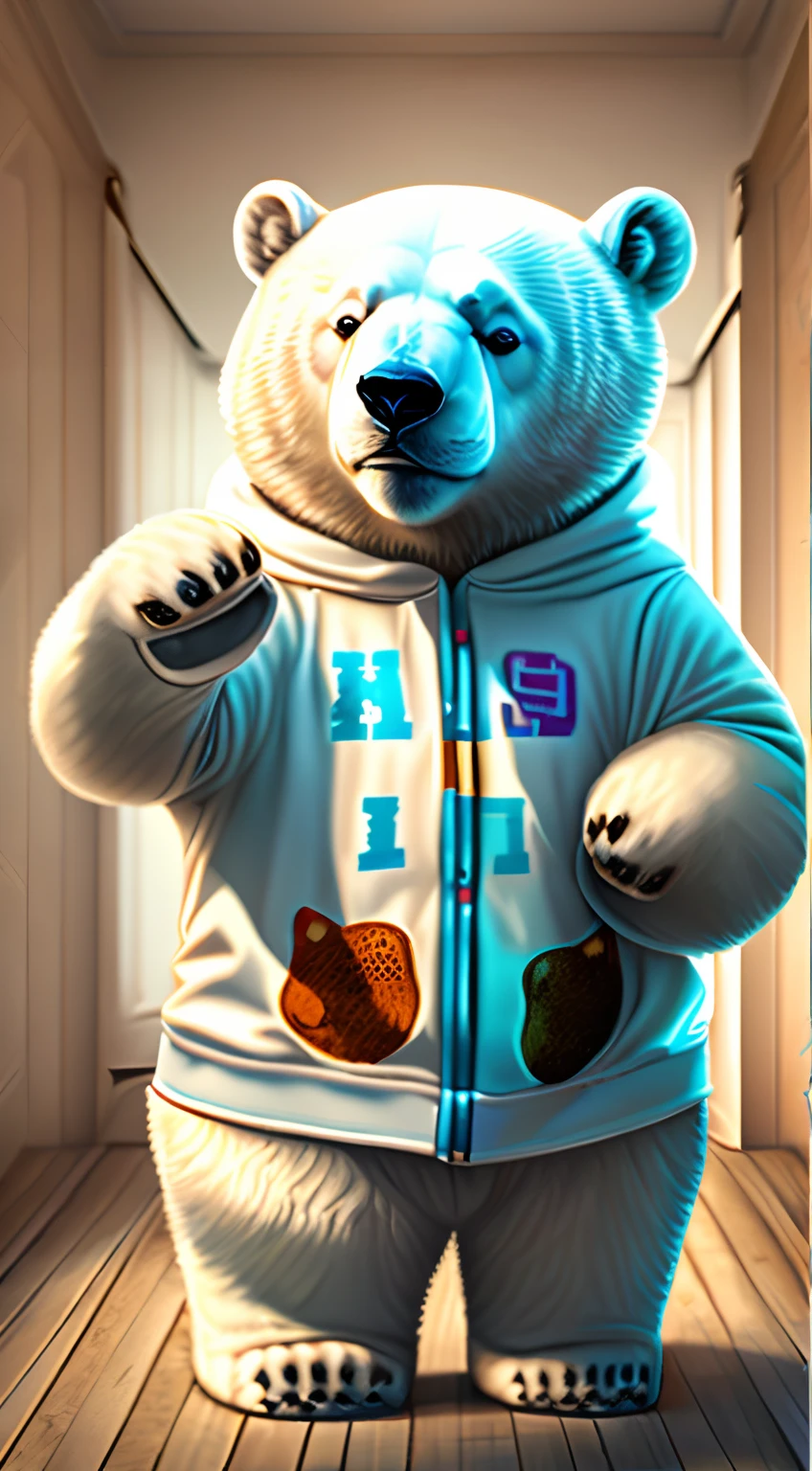 A polar bear wearing rapper clothes with a confident expression, raising a front paw to make the gesture of silence. The surrounding atmosphere is elegant, fundo moderno que enfatiza o estilo do urso.