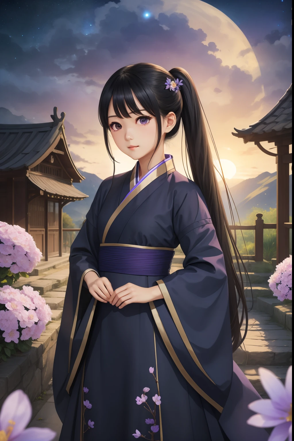 Best quality, Masterpiece,, illustration, the wallpaper,1girll, Solo, Hanfu, semi long hair, Beautiful detailed girl, Extremely detailed eyes and face, Beautiful detailed eyes, Shy, Natural_lighting, Glow,NSFW, Clean sky, view the viewer, Outdoors, Night sky, Star (sky), Straight hair, Purple petals, Purple and blue flowers, Red pupil, pony tails, Blue ribbon,Black hair, 黑The eye,