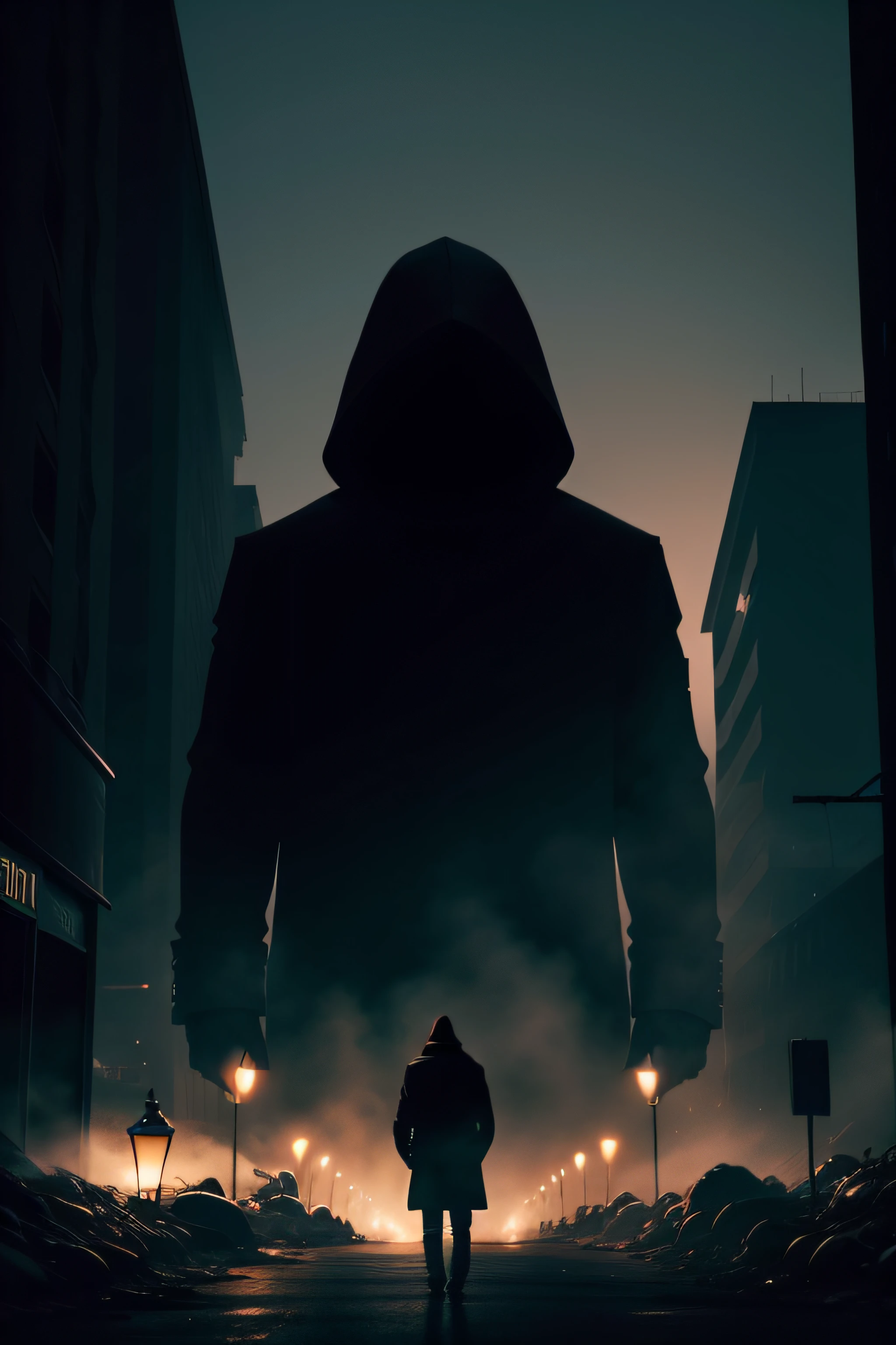 horror film, 8k picture quality, masterpiece, ultra-cllean image quality, super rich detalil, silhouette of a cold face man in dark, with a hood and hands in his pockets, no one else, medium shot, city at night background, frame from the ground level