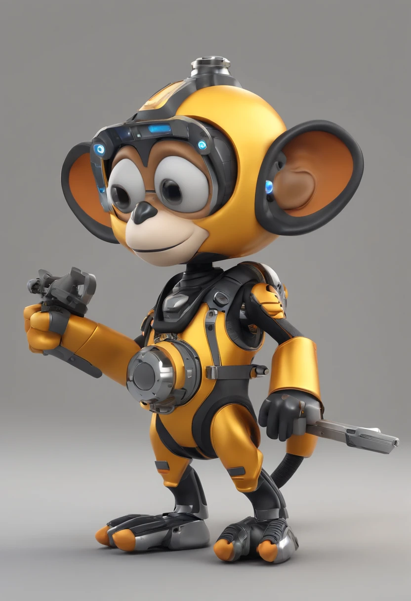 A small monkey,,magical, Anthropomorphic,Upper body length,Short legs, Wear a futuristic machine,Carry mechanical weapons, No Background, Flat White Background. pixar animation, Funky blind box, OC Render, Ray traching, High quality, High detail, high resolution, 8K, bust size