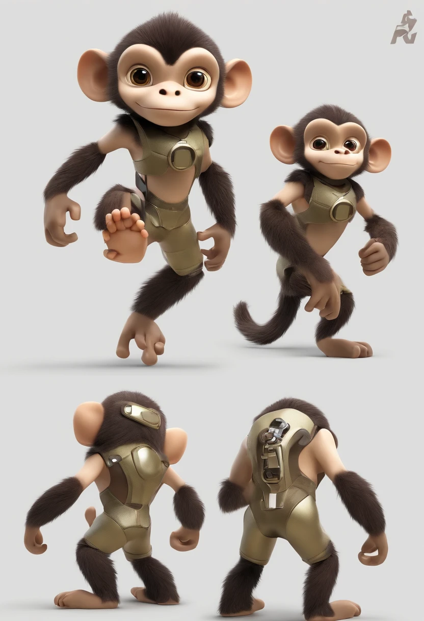 A small monkey,，magical, Anthropomorphic,Upper body length，Short legs， Wear a futuristic machine，Carry mechanical weapons, No Background, Flat White Background. pixar animation, Funky blind box, OC Render, Ray traching, High quality, High detail, high resolution, 8K, bust size