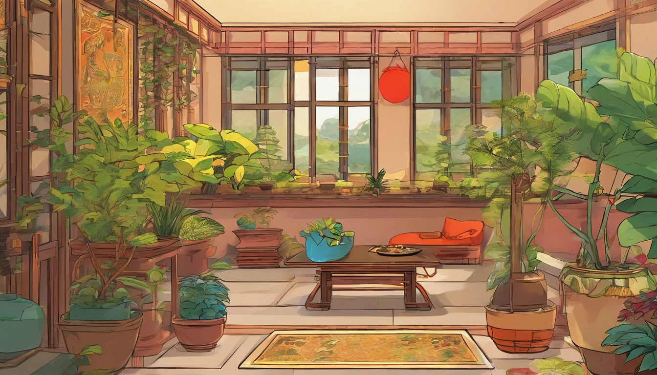 Song Dynasty aesthetic architecture,sofe,projection,big window,lots of plants,There is a moon at night