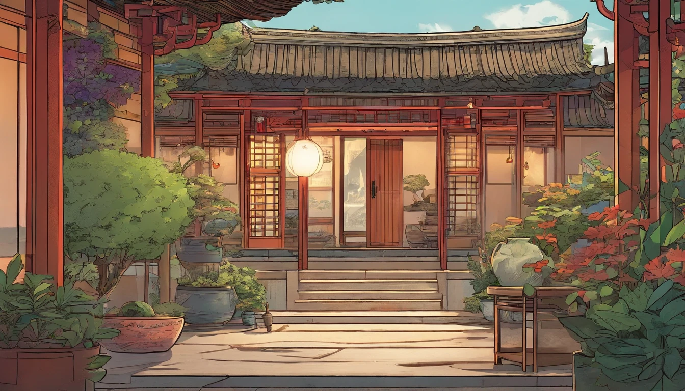 Song Dynasty aesthetic architecture，sofe，projection，big window，lots of plants，There is a moon at night