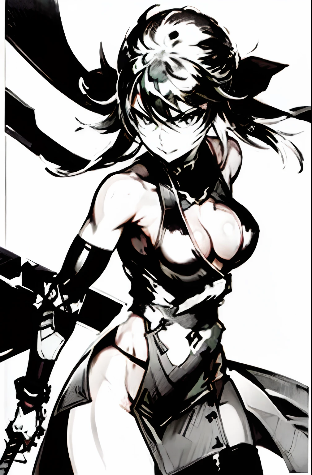 shinkawa youji, cyborg ninja, 1boy, cyborg, greyscale, girl focus, monochrome, ninja, solo, sword, weapon, ((masterpiece)), sexy, Lovely big Breasts