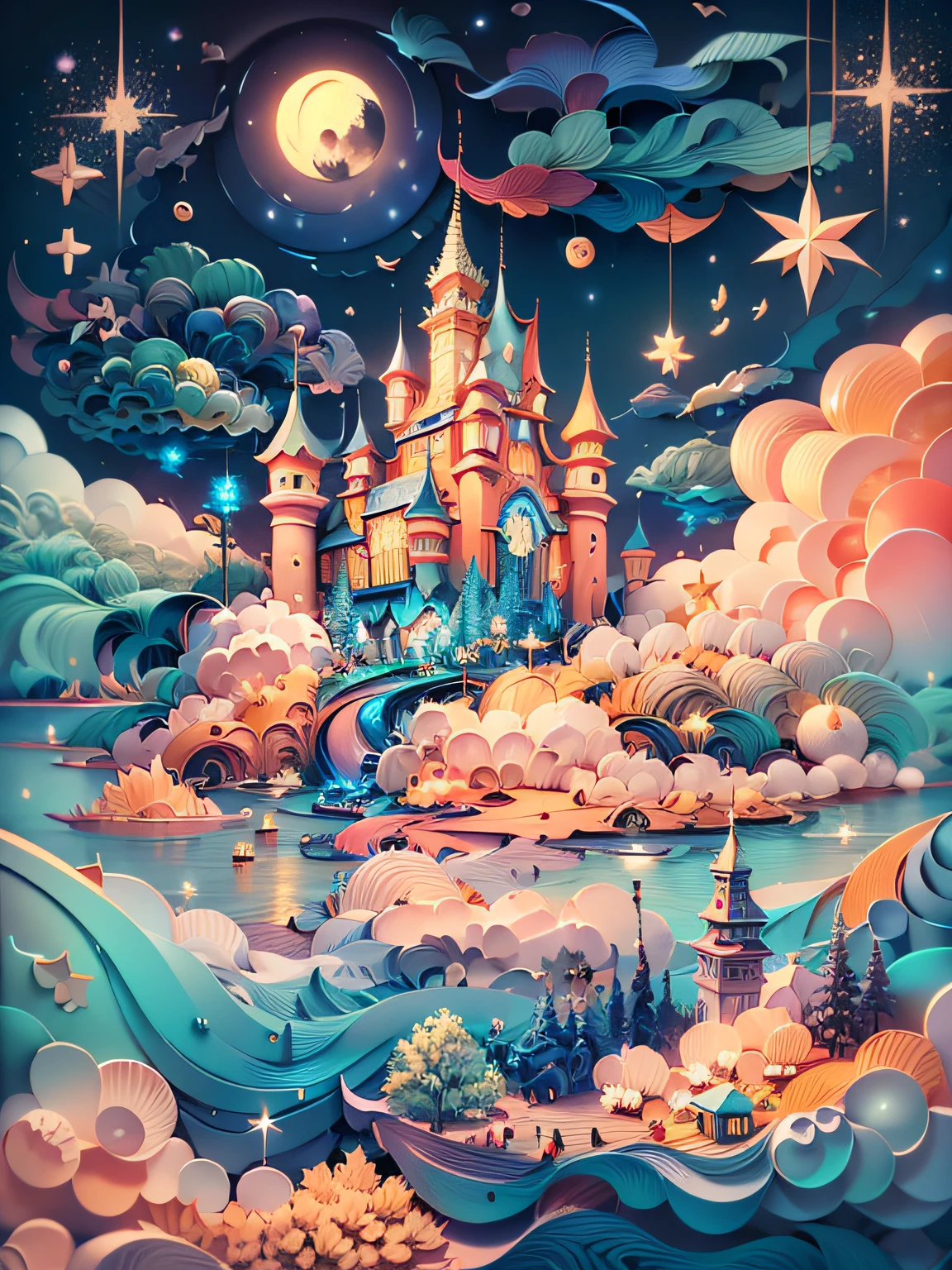 (((masterpiece))),best quality, illustration,  sky, cloud, star \(symbol\),1man, handsome man, night, bird, moon, star \(sky\), night sky, scenery, starry sky, flying castle, fantasy. vibrant color scheme, Soft light,(warm color:1.2),Water color painting, light background, best quality exquisite details,3d rendering,Octane render, pastel, paper_cut