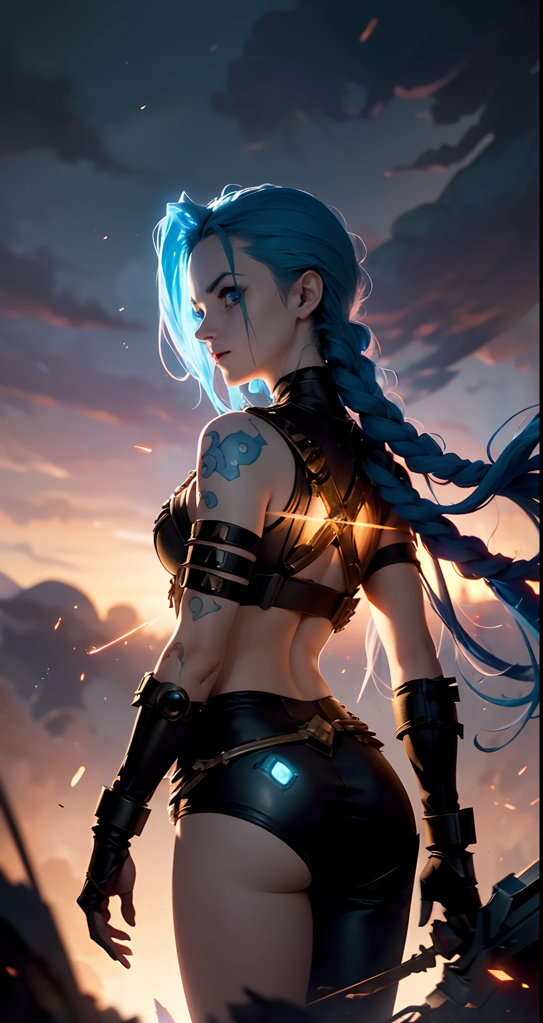 Jinx, In the hands of the armor of the mordecizer. Space Marine Costume Super Background, tmasterpiece, higly detailed, Glow Blue Eyes, Epicness, grenade, Epic backstory, A masterpiece of explosions, Персонаж игры Кейтлин League of Legends,higly detailed, Scene in motion, madness, the wind, Explosions of the best quality, filmstill, 1 Jinx, Jinx from the clouds, soaring in the sky, a closeup of a, The vibrant, a happy, warm soft lighting, Sundown, (sparks: 0,7)