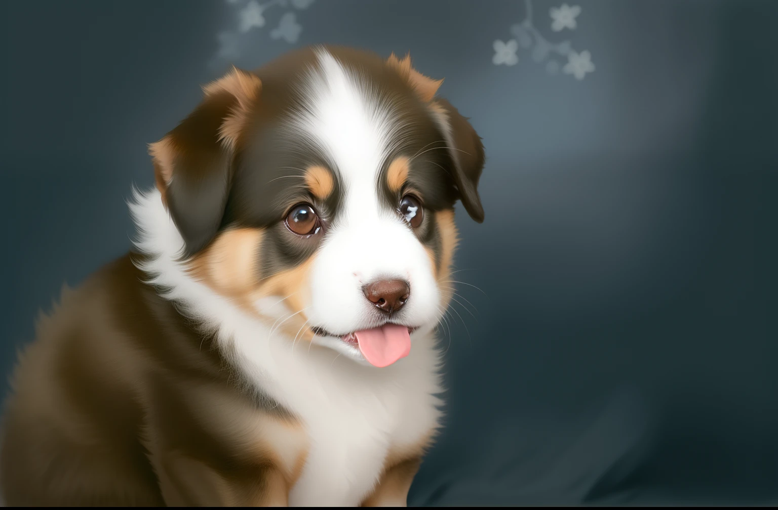 There is a small dog sitting on a black background, author：Jan Rustham, Cute face, o cachorrinho, Cute dog, fluffy face, painfully adorable, Tongue out, Puppies, Intense expression, aussie, breathtaking face, very expressive face, Cute pout, crisp face, Partial, full cheeks, super adorable, very pretty look face, Very expressive, Incredibly cute