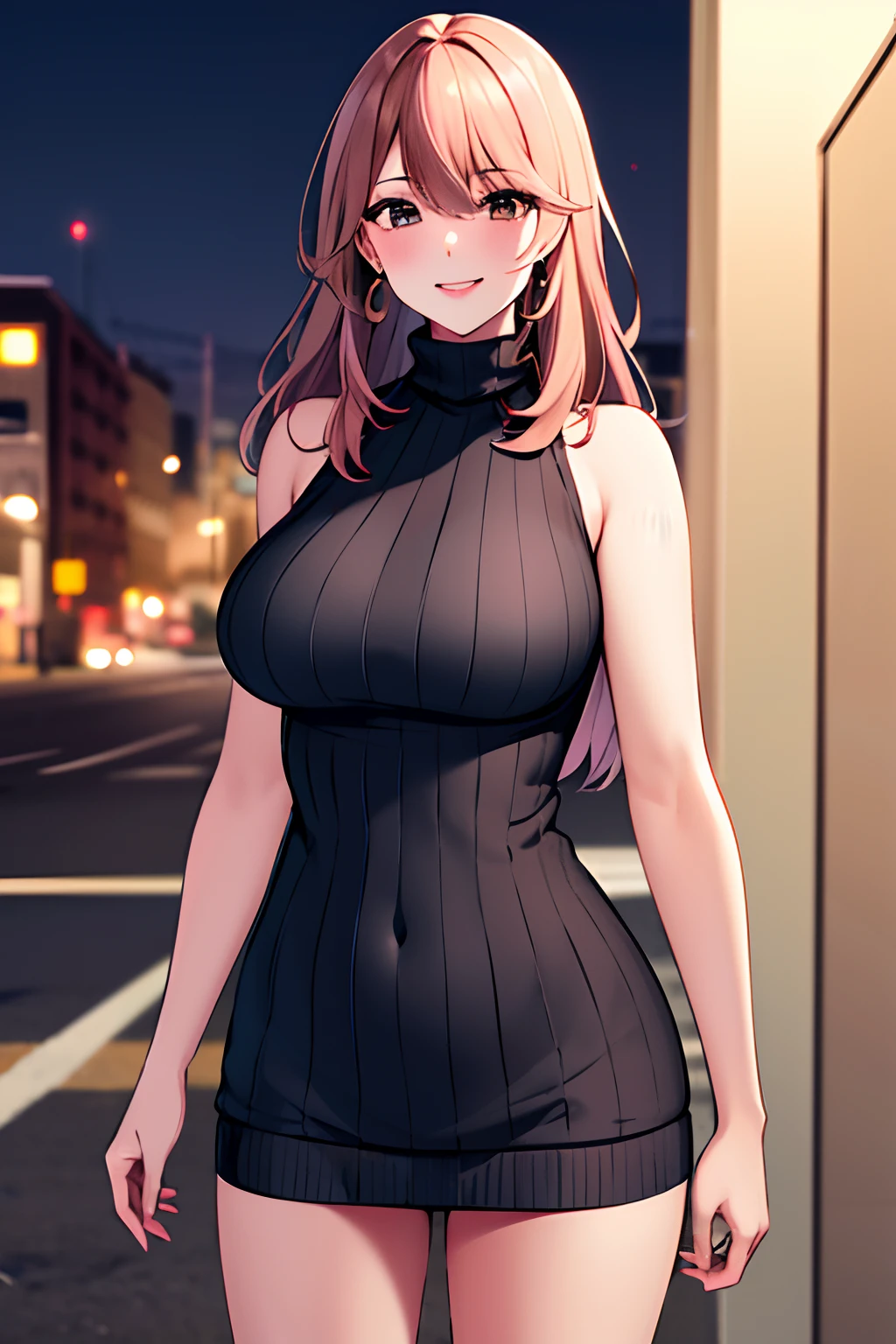 masterpiece, best quality, highres, aamiyako, long hair, jewelry, earrings, sweater dress, virgin killer sweater, clothing cutout, turtleneck, sleeveless, night, street, cowboy shot, standing, smile, bare arms,