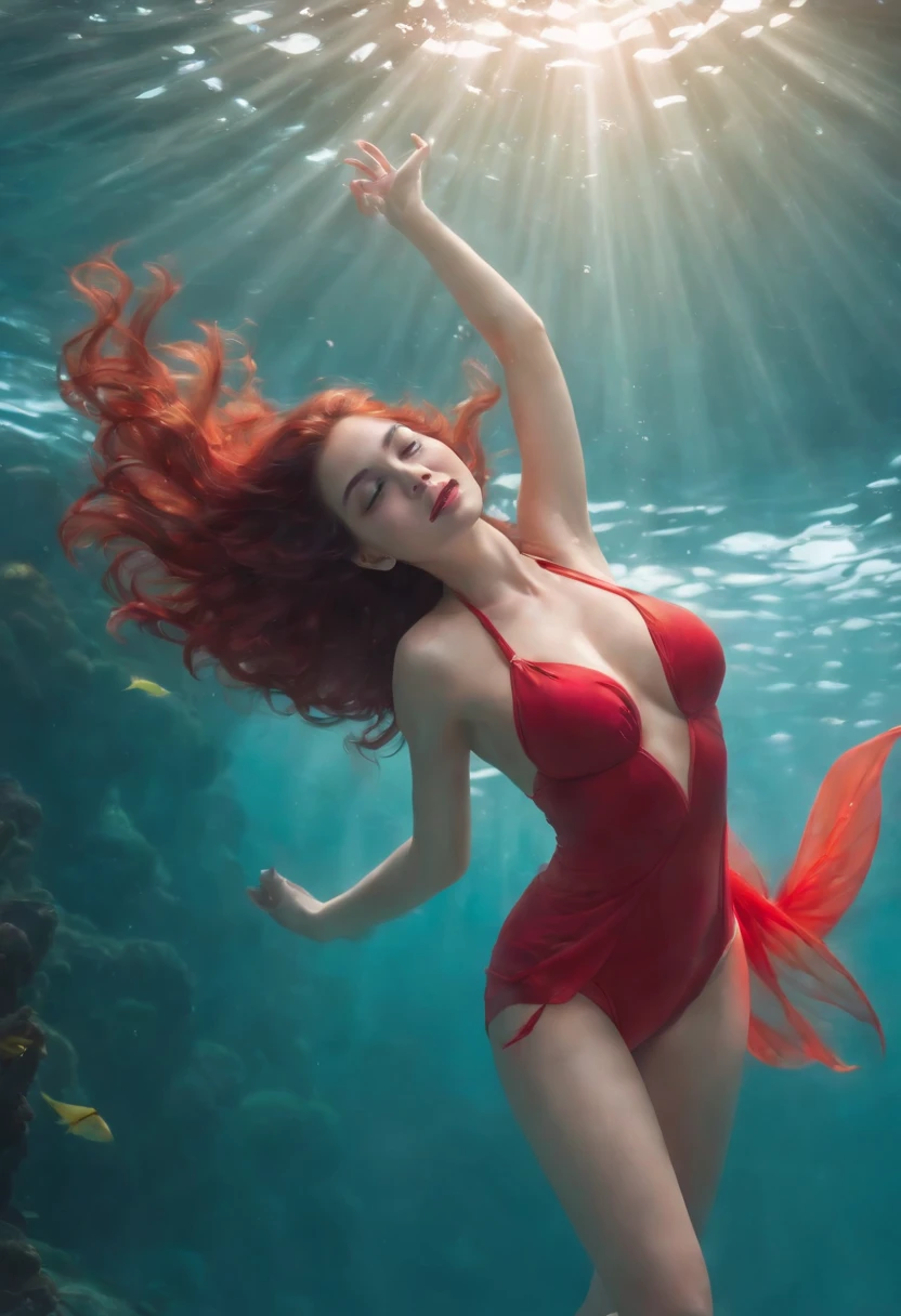 there is a woman in a red bikini and a red tail in the water, underwater photography, ross tran 8 k, photorealistic disney, expressing joy. by krenz cushart, ross tran and wlop, wlop and ross tran, in the style of ross tran, little mermaid, beautiful digital artwork, by Fei Danxu, ariel the little mermaid