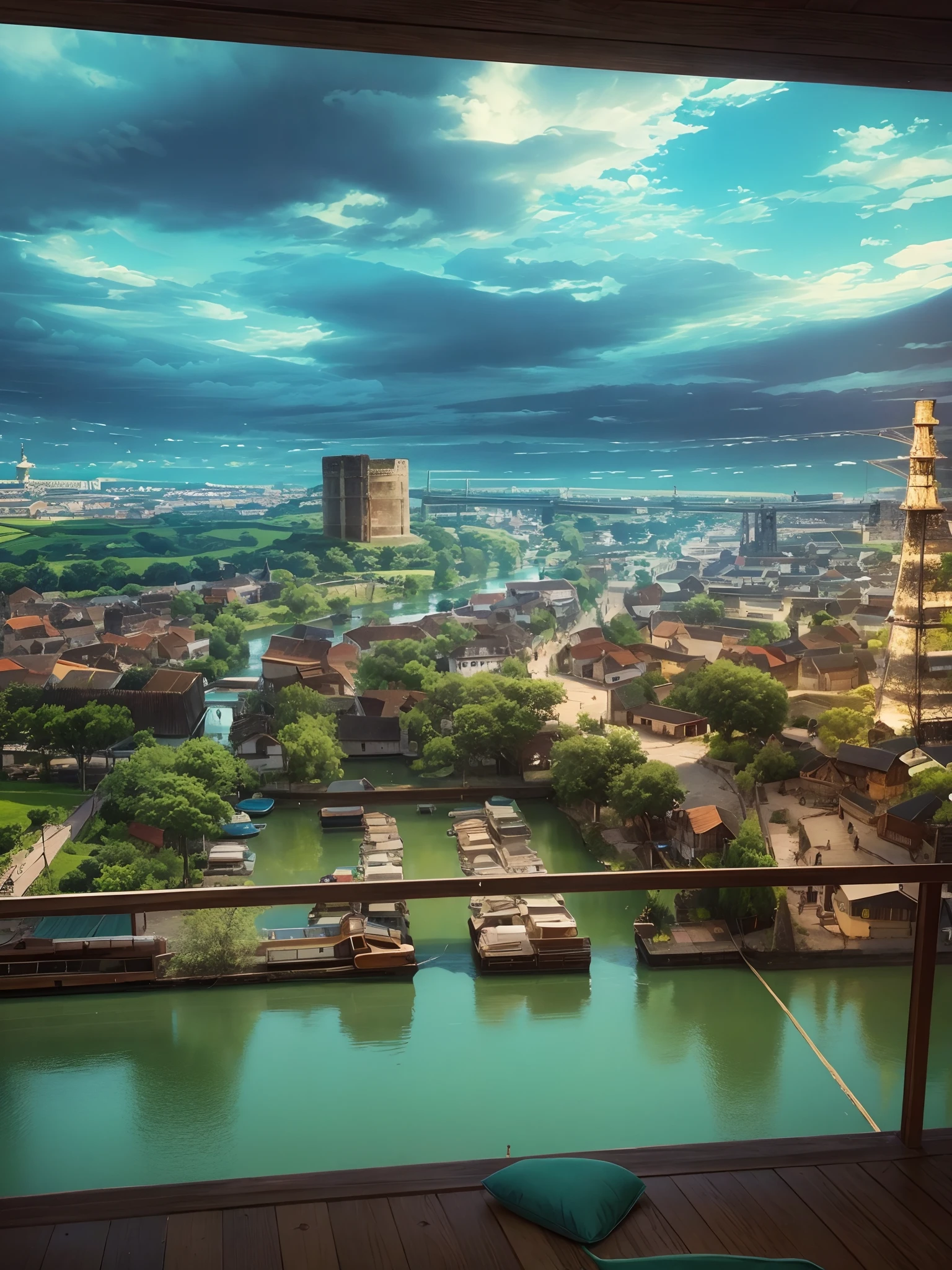 river, ancient town, ancient tower, green, blue sky, cloud,