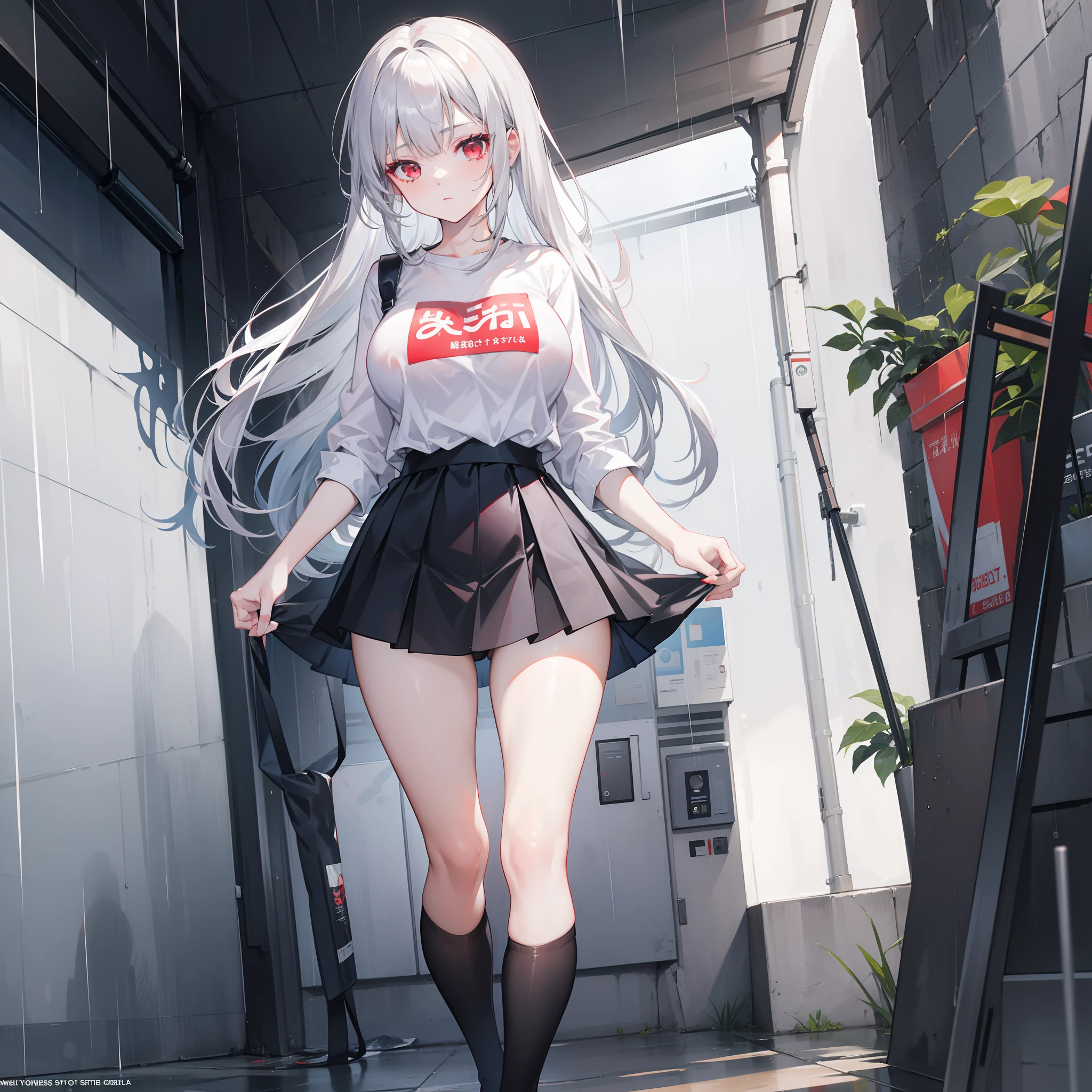 18 year old female, silver hair, red eyes, long hair, large breasts Wearing a shirt and a short skirt in the rain