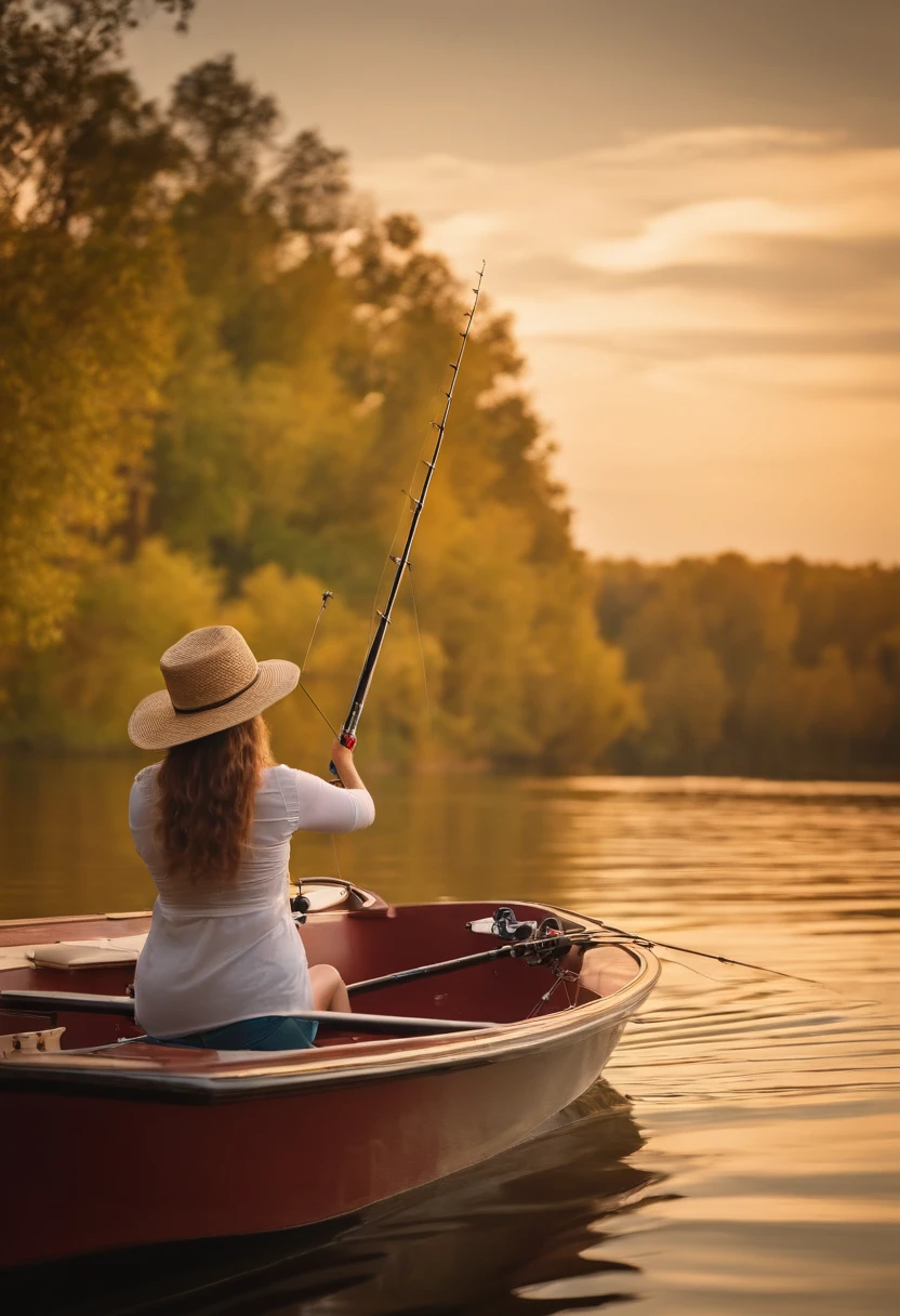 Inside the largemouth bass is a calm lake,A beautiful woman fishing on a boat