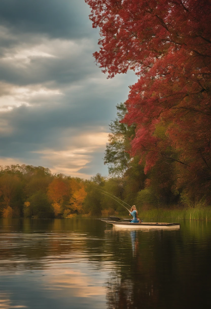 Inside the largemouth bass is a calm lake,A beautiful woman fishing on a boat