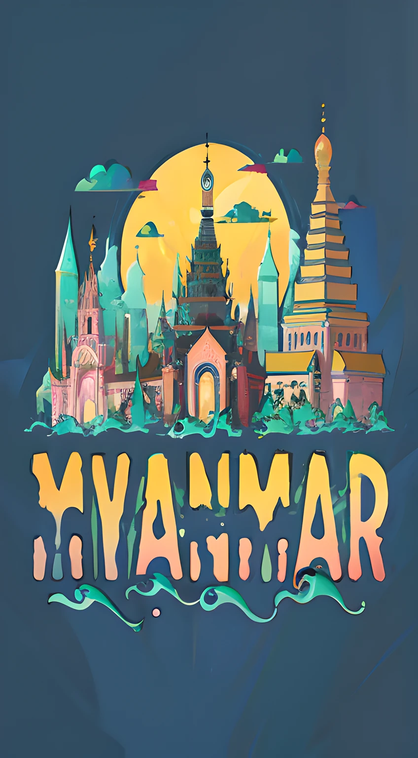 a close up of a city with a clock tower and a building, myanmar, vibrant tourism poster, colored illustration, jen bartel, color illustration, tourist destination, higher detailed illustration, by Seb McKinnon, in style of digital illustration, full color illustration, official illustration, hyper detailed illustration, travel poster, digital painting of a pagoda, holy city | illustration