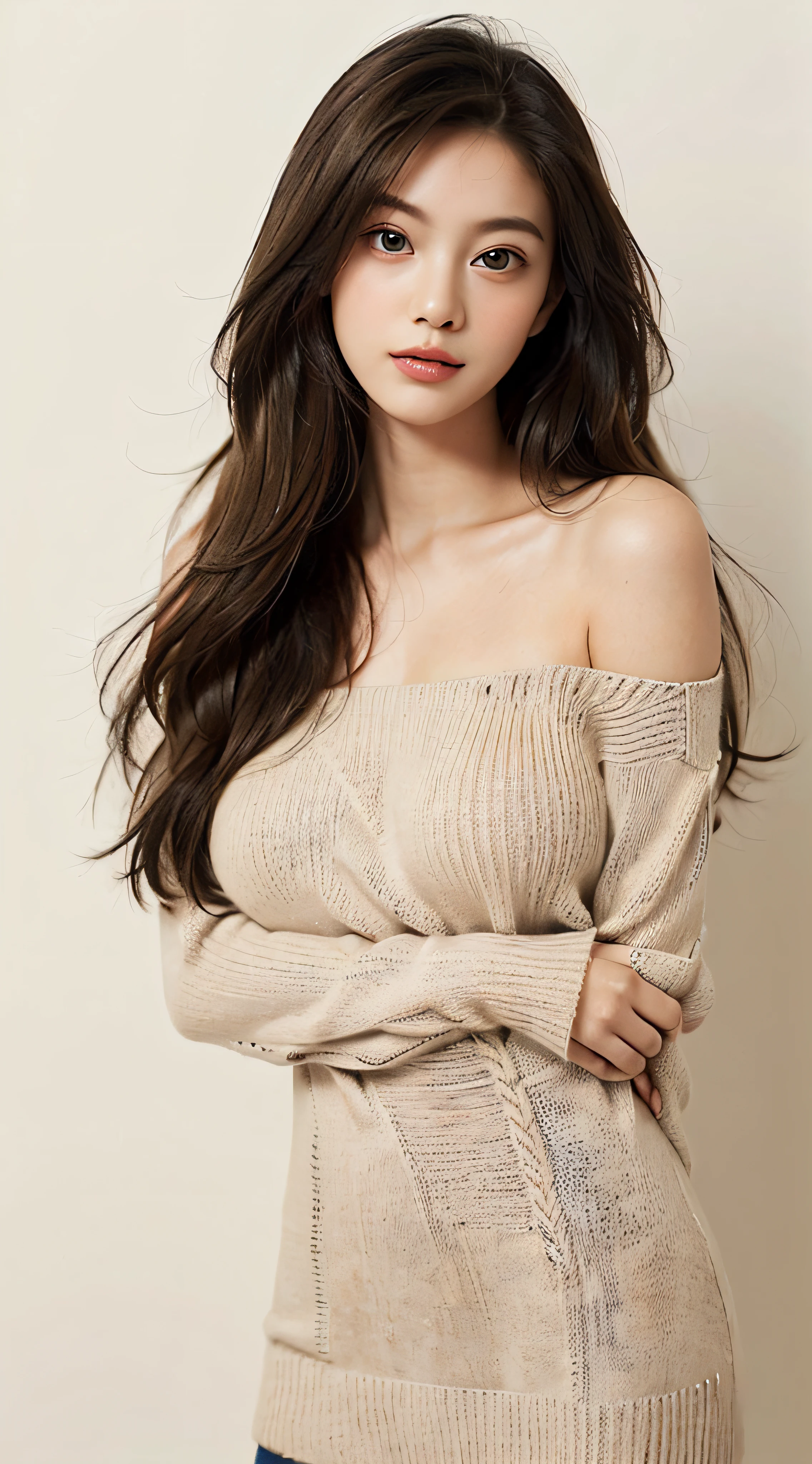 top-quality、Drawn details、masterpiece、超A high resolution、(Realistic:1.4)、Raw photo、(Put your head in, On the waist), Beautiful fece, young and cute、ssmile、(Brown very long hair:1.5)、(年轻:2), 1人、(fair and clean skin:1.5)、(Big eyes:1.3), (A slender:1.3), (Smart face:1.4), (Beige knitwear:1.5)、(Simple white background:1.5), Brake, (firm breasts, Large breasts, Good shape:1.5)、 (thin waist, Thin arms, thin neck, thin shoulders:1.2)、(Beautiful face details:1.2), (Slouched:1.5),