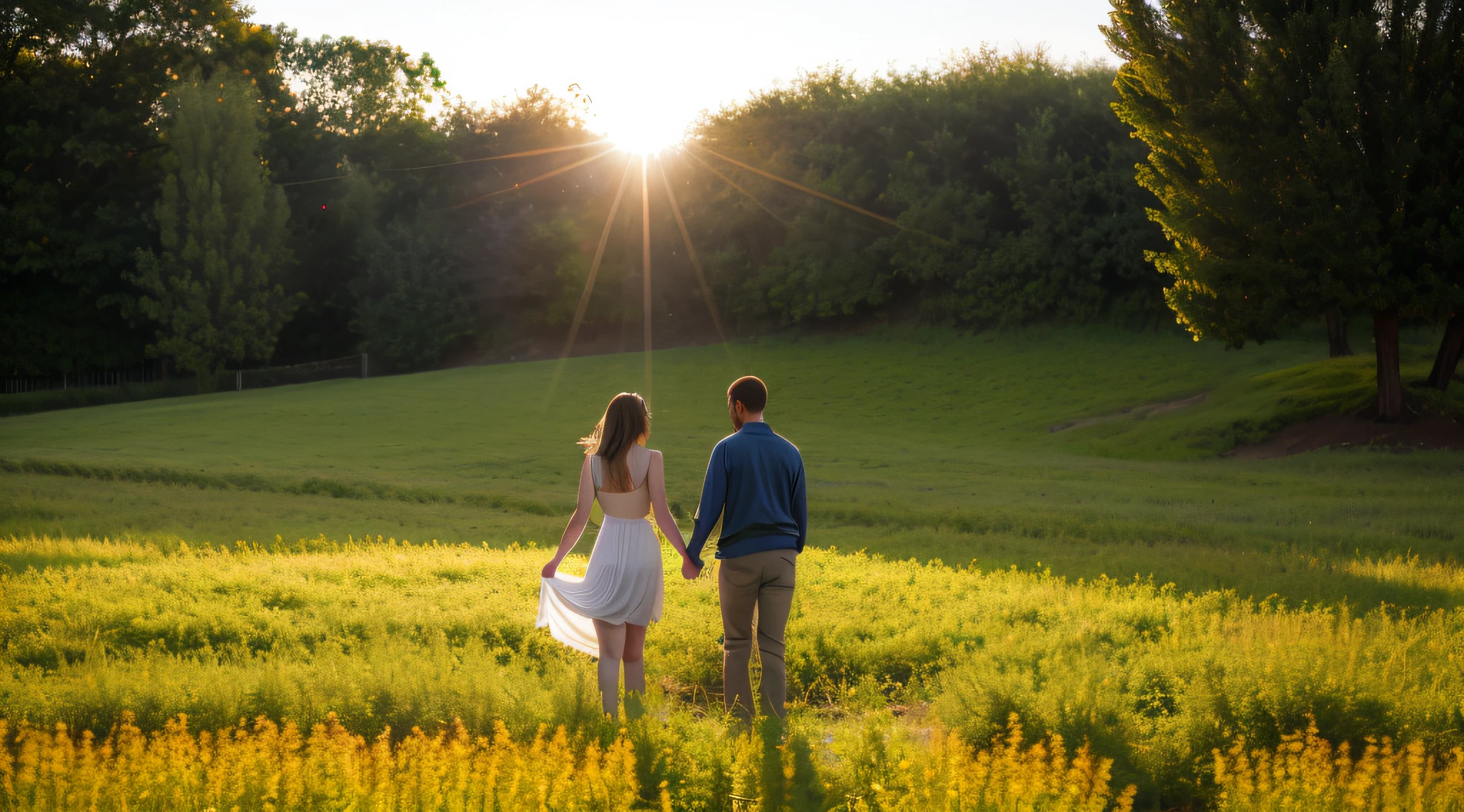 Two people with hand a hand and happy who show their joy through quality of life, an image with a beautiful flowering field in the background, HDR Camera, Ultra Realistic, photorealist, Super Detailed, High Definition, Canon EOS R6, Ultra Realist, focus sharp:1.2, lens flare, Ultra-Wide Angle, 135mm, f/16, from behind, reflection light, 16k