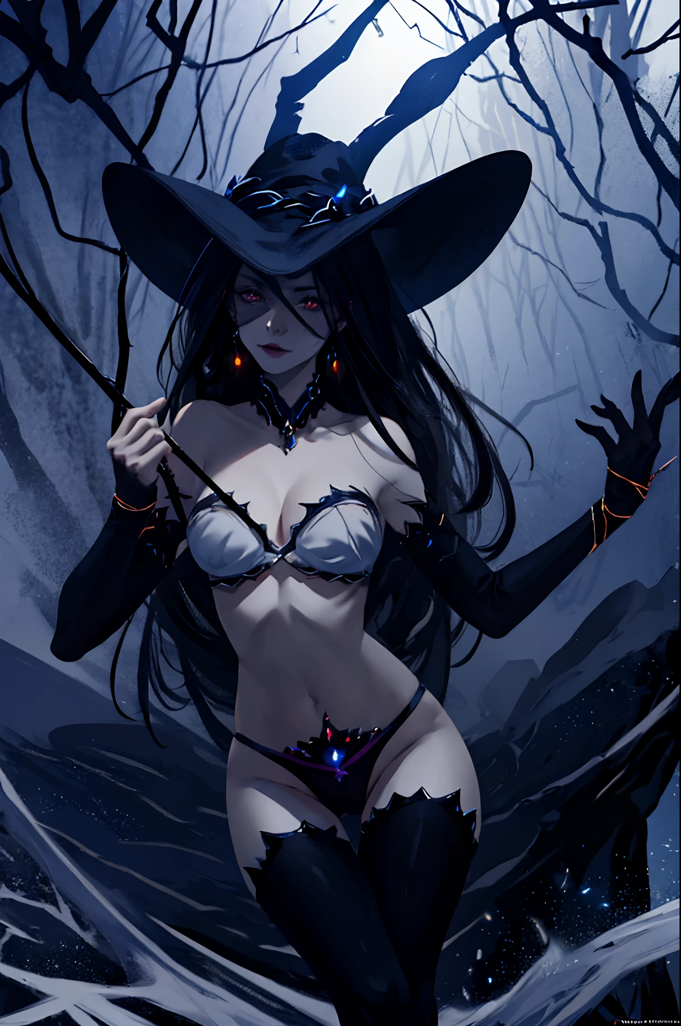 masterpiece, best quality, masterpiece, (1girl), (LLChar), big breasts, cleavage, body stocking, evil witch, dark energy, void, empty eyes, (extremely evil), dark magic, dark forest, negaive energy, hell, void, stars, black hair,