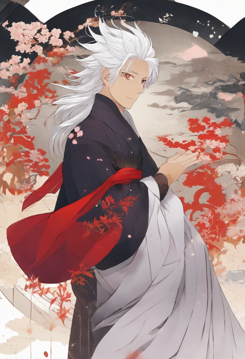 male people,White hair and red eyes,red fox,folding fan,ssmile,ancient wind
