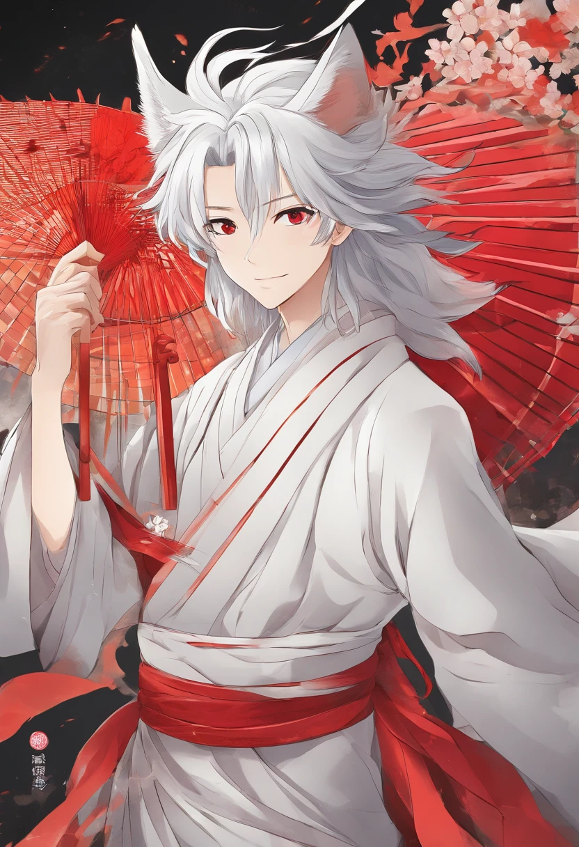 male people,White hair and red eyes,red fox,folding fan,ssmile,ancient wind