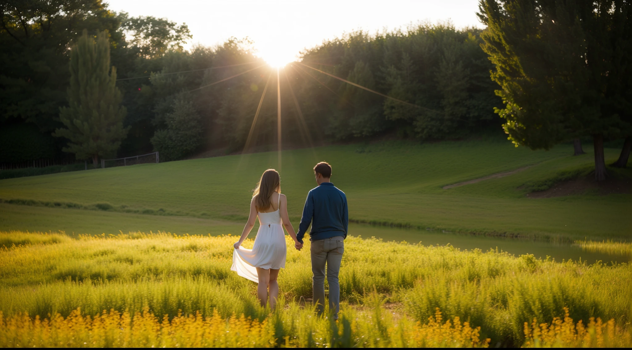 Two people with hand a hand and happy who show their joy through quality of life, an image with a beautiful flowering field in the background, HDR Camera, Ultra Realistic, photorealist, Super Detailed, High Definition, Canon EOS R6, Ultra Realist, focus sharp:1.2, lens flare, Ultra-Wide Angle, 135mm, f/16, from behind, reflection light, 16k