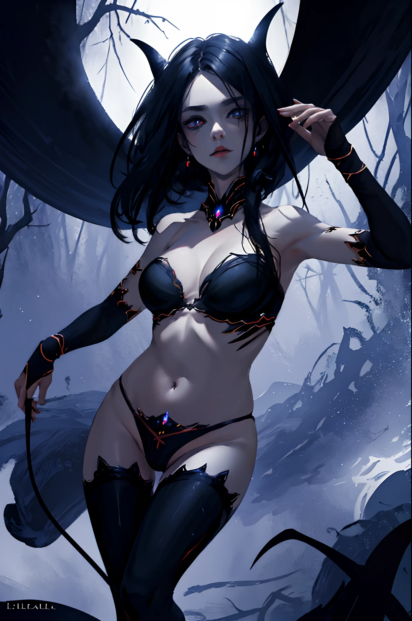 masterpiece, best quality, masterpiece, (1girl), (LLChar), big breasts, cleavage, body stocking, evil witch, dark energy, void, empty eyes, (extremely evil), dark magic, dark forest, negaive energy, hell, void, stars, black hair,