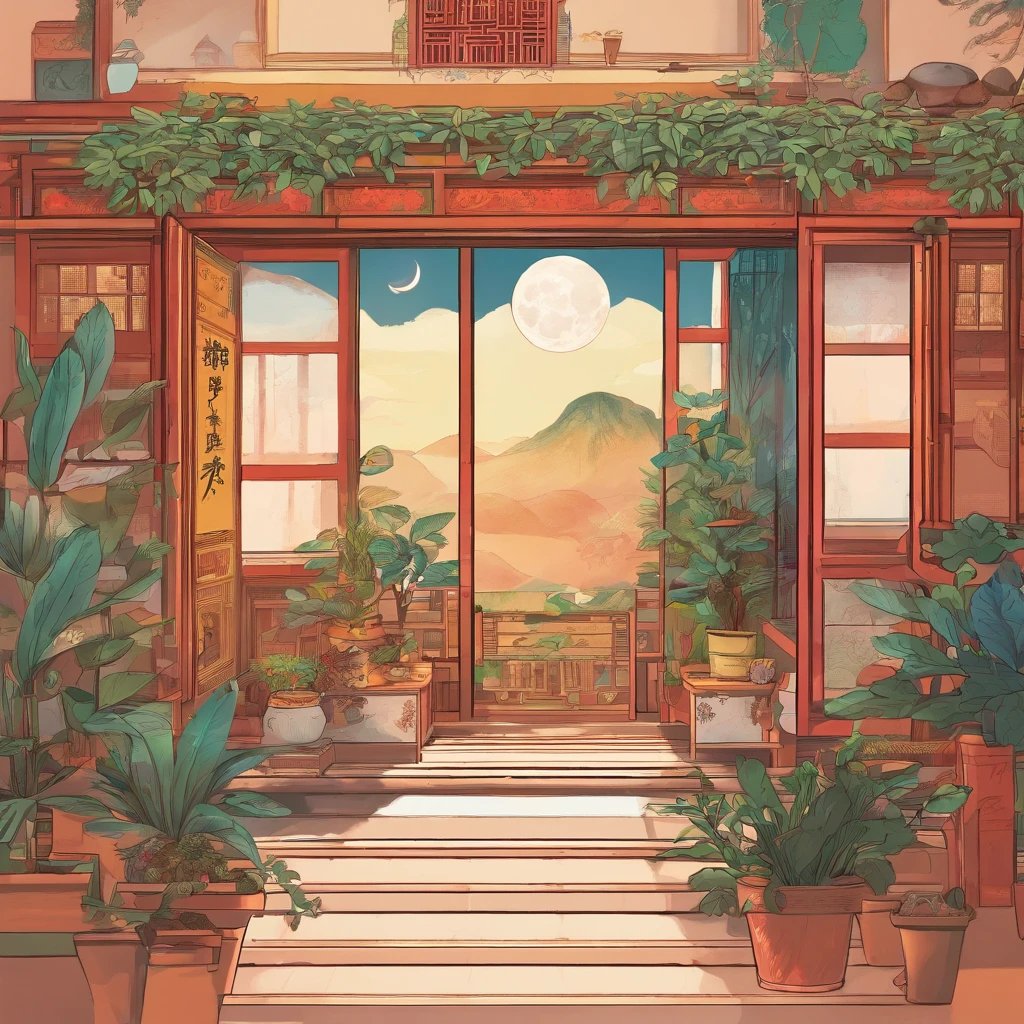Song Dynasty aesthetic home,sofe,catss,Beautuful Women,tvp,big window,lots of plants,There is a moon at night