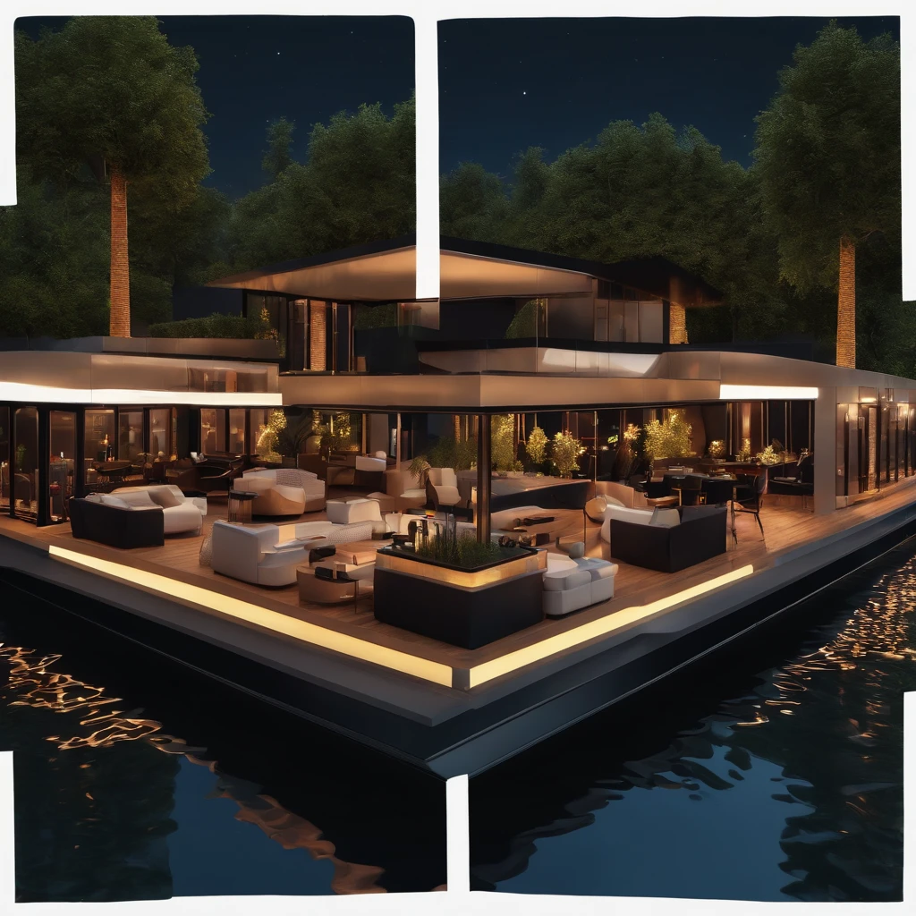 isometric, 45 degree, Centered,Mini nightclub floating on the lake,3Storey,Only 1 nightclub, One, With neon, Pitch black background, Super realistic, High quality,