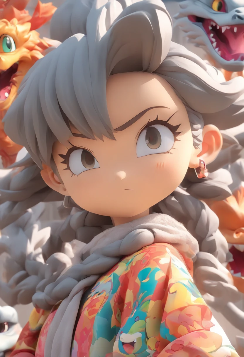 3D blind box,Q version big head,Cute girls,full bodyesbian,Stand with your hands crossed,Pouting,Anthropomorphic dragon shape,Round Visualizer,simple grey background
