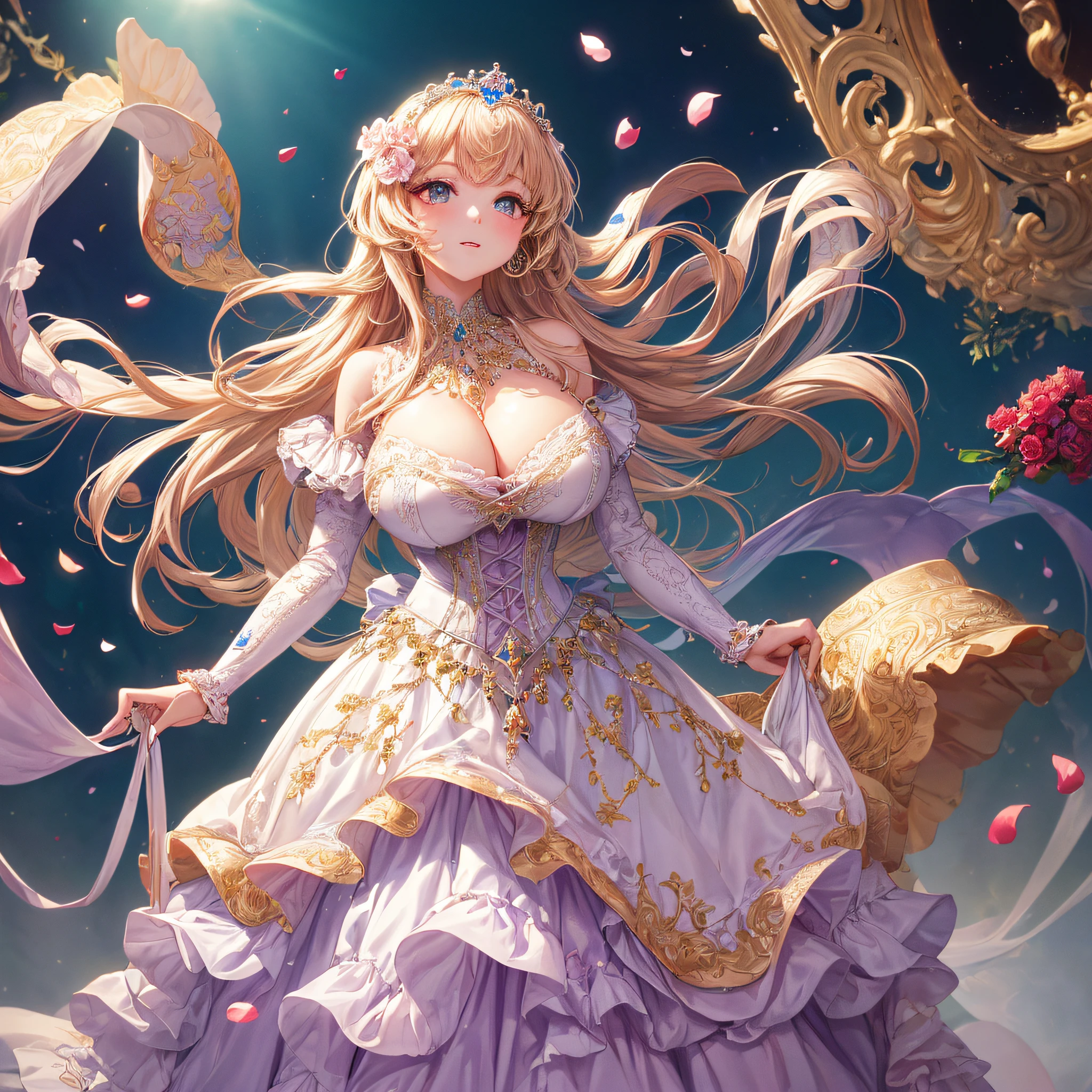 (masterpiece, best quality,extremely detailed,moe anime art style:1.1),1girl, (solo), cute, kawaii,digital art,((1 bling-bling anime princess wearing beautiful embroidery and jeweled gorgeous princess ballgown with voluminous full length hoop skirt)),((crinoline)),long train,voluminous frills,(gorgeous embroidery and beautiful lace),(very gigantic boobs,cleavage,skindentation),((shiny hair,absurdly straight long hair)),((finely detailed face and eyes)),clear pupil,extremely gorgeousfull hair ornament,(bling-bling jeweled extremely gorgeousfull tiara),((bling-bling gorgeous gemstone jewelry)),long veil,((beautiful background,fantasy)),flowers,flower petals flowing,full body,(looking away),((beautiful embroidery and jeweled gorgeous princess ballgown with voluminous full length hoop skirt))